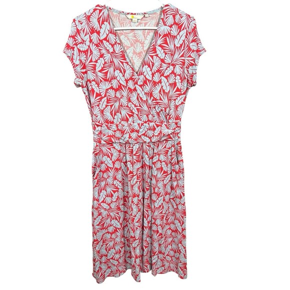 Boden Lola Jersey Swing Dress Short Sleeve V-Neck Red Palm Tropical‎ Women's 8R - Picture 1 of 10